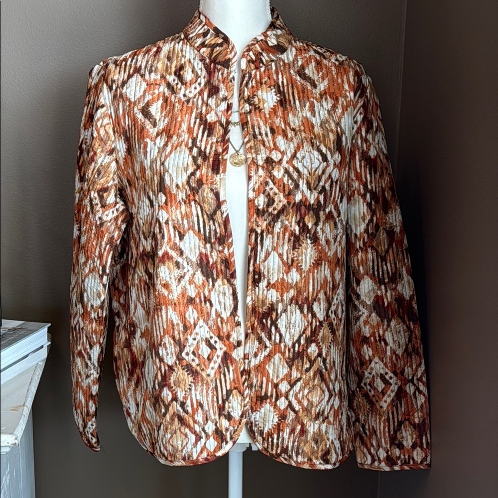 SOUTHERN LADY Rust & Brown Ikat Print Quilted Jacket 10 Grandmacore Old Money
